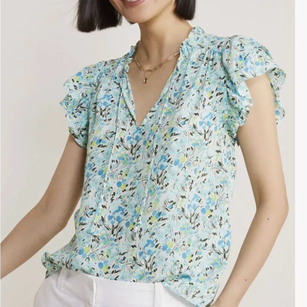 Vineyard Vines Cupro Blue Floral Double Ruffle‎ Blouse